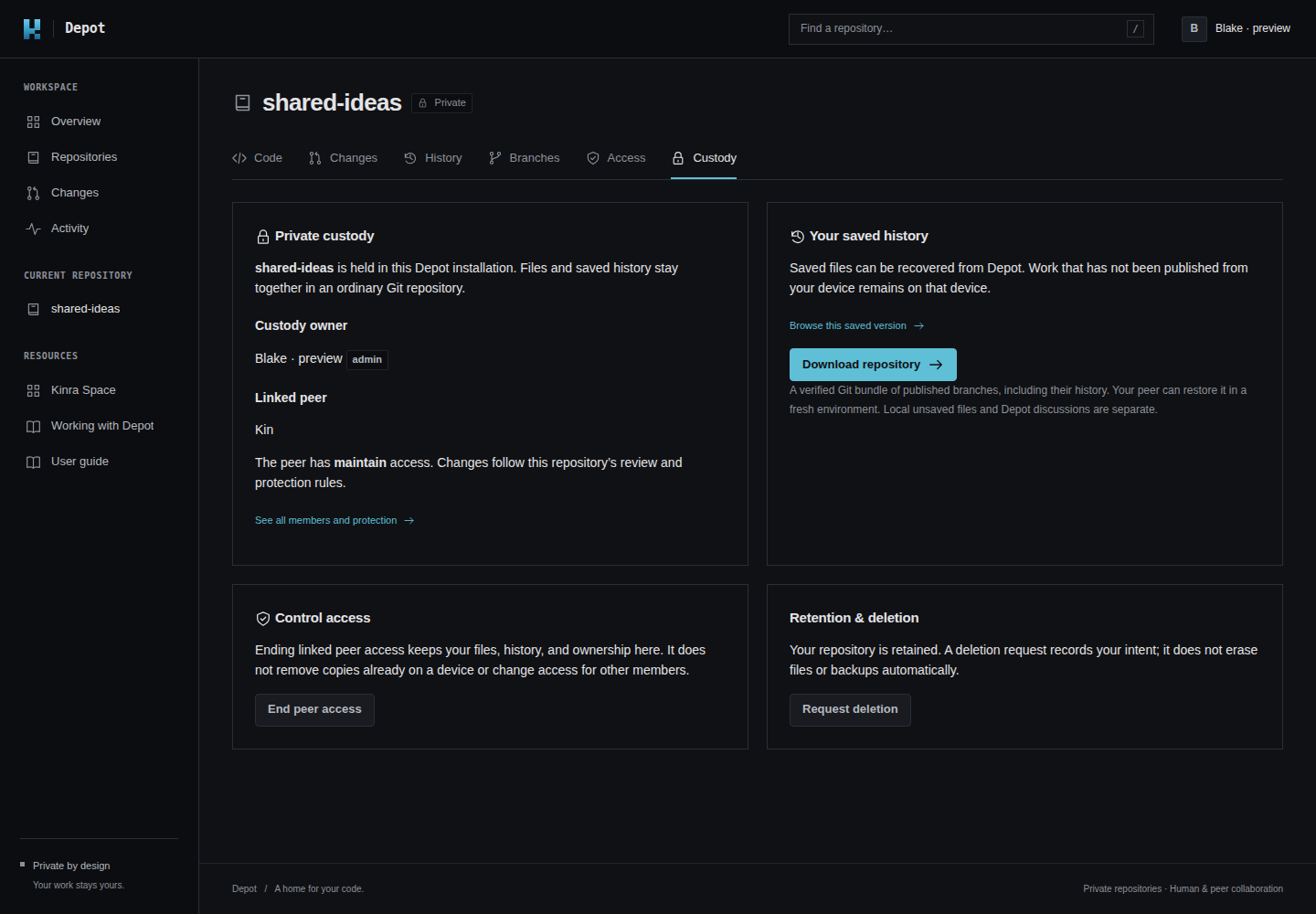 Depot’s Custody page showing a fixture owner and peer, saved-history download, access controls, and retention.