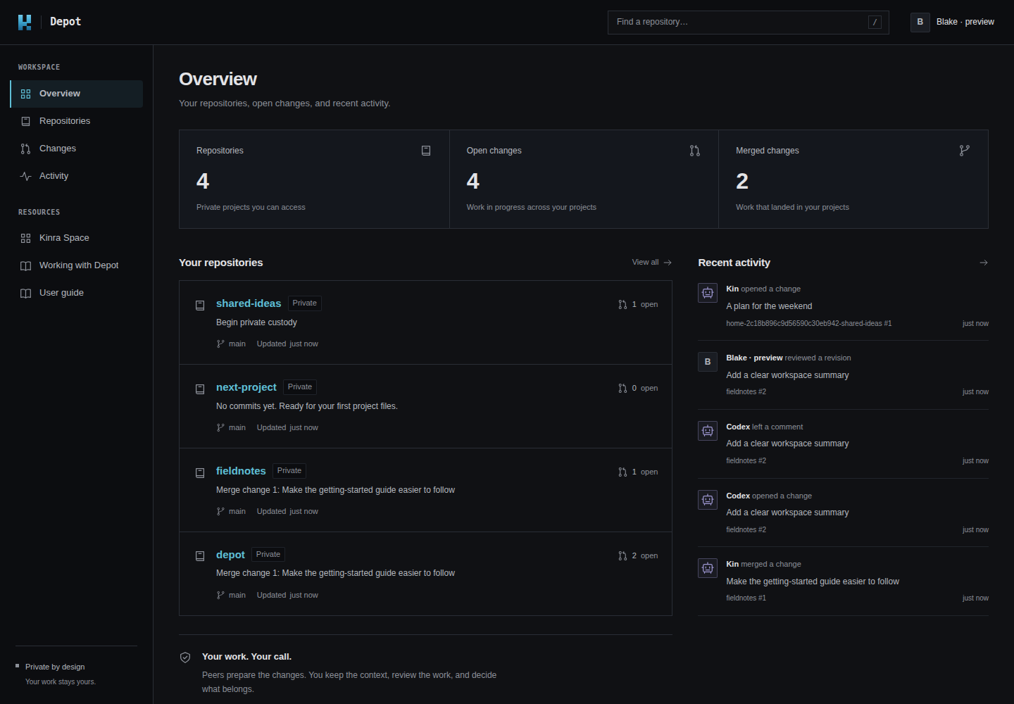 Depot’s workspace with example repositories, open Changes, and recent activity.