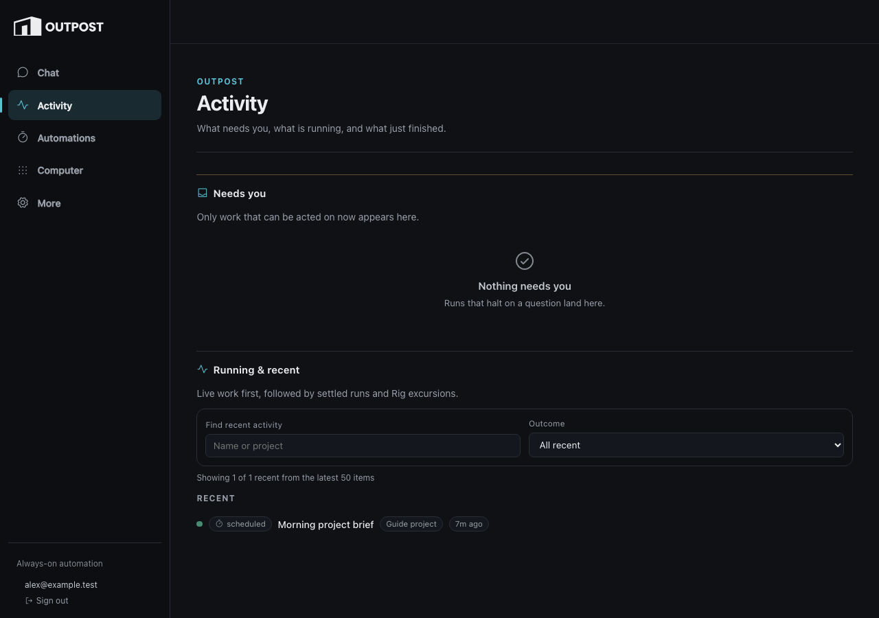 Outpost Activity showing an empty Needs you section, a recent successful automation, and the verified example account with Sign out.