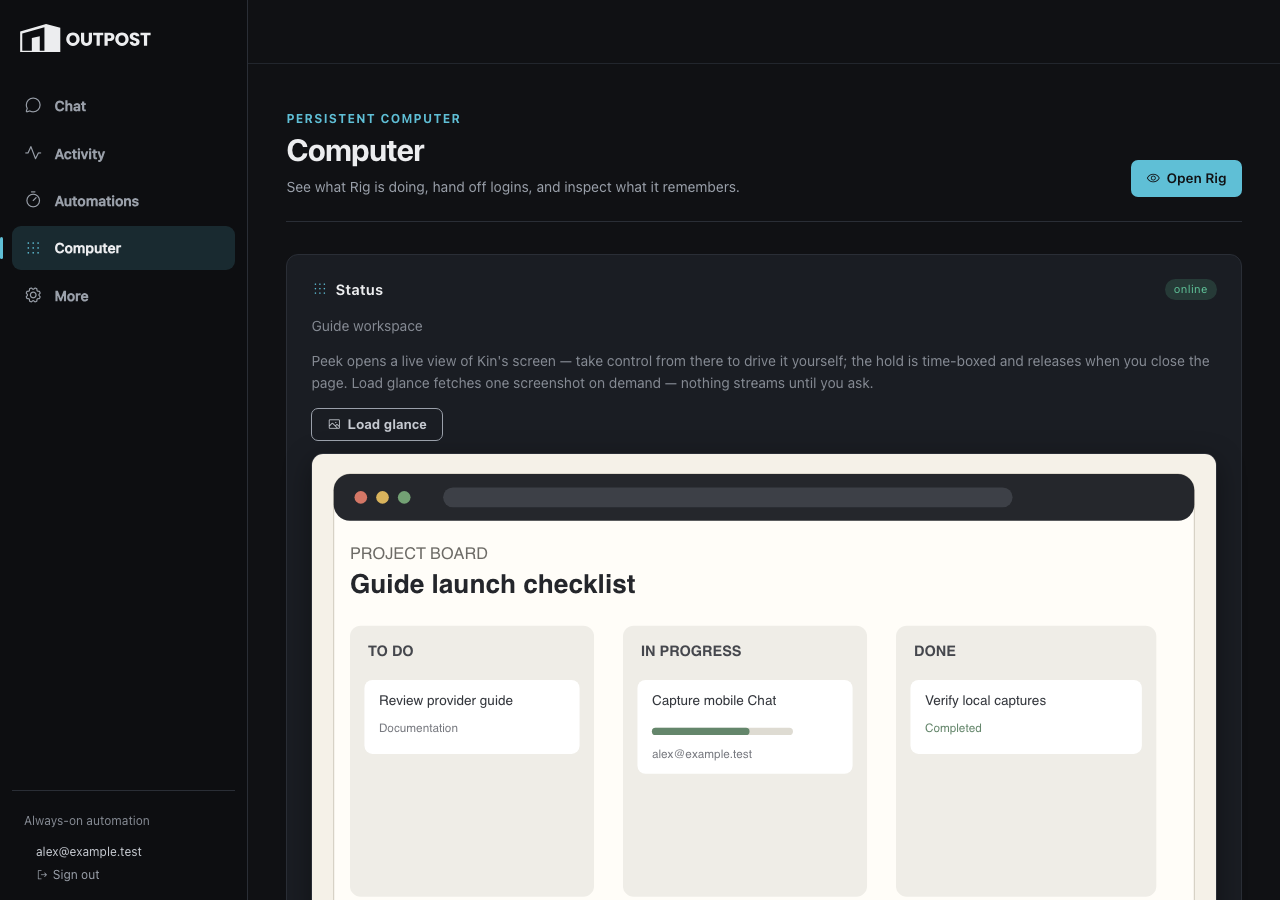 Outpost Computer showing healthy Rig status, recent actions, and a deterministic on-demand glance of a generic project board.