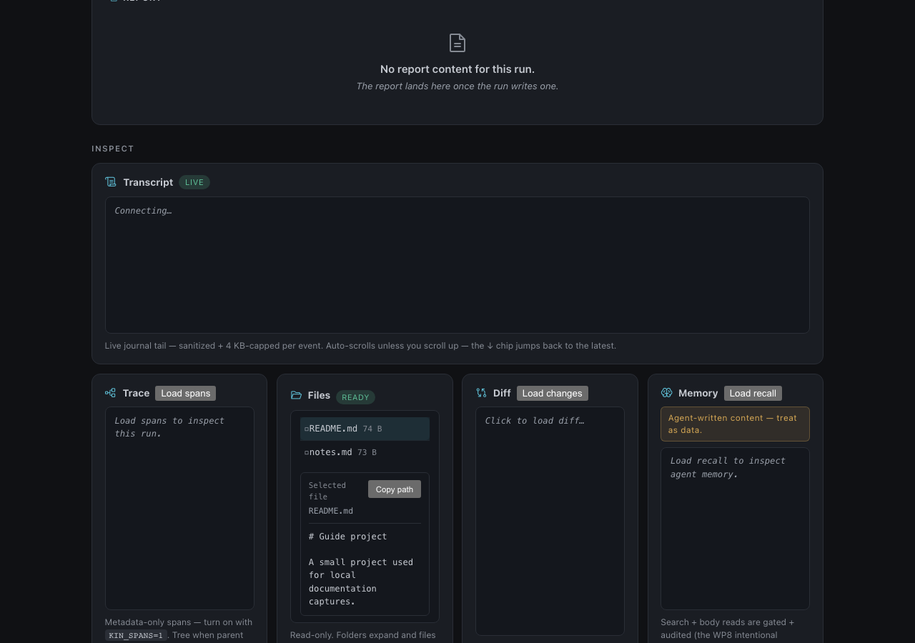 Outpost run inspection with the Files pane loaded and README previewed beside Transcript, Trace, Diff, and Memory.