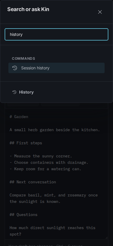 The command palette finding session history at phone width.