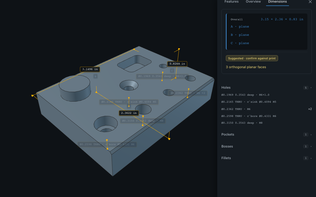 Scope CAD viewer showing a neutral test part, exact dimensions, and manufacturing analysis.